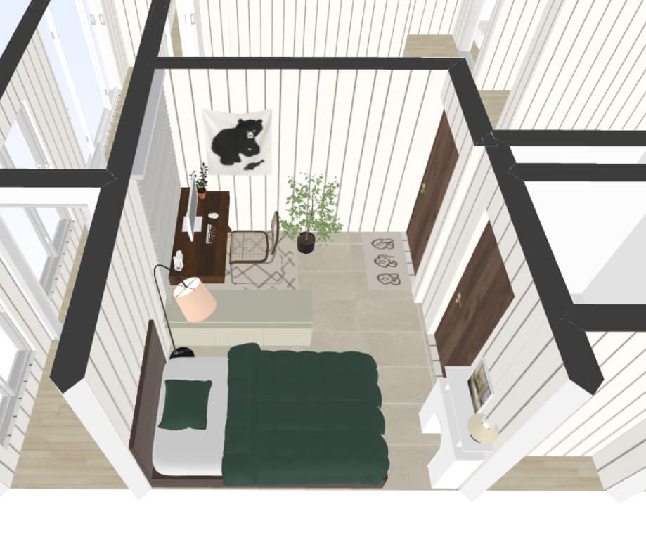 3D rearrangement render of a bedroom — bed against a solid wall, desk out of the door line, plant added for wood energy